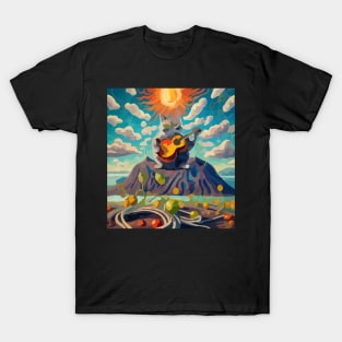 cat playing guitar on Volcano T-Shirt